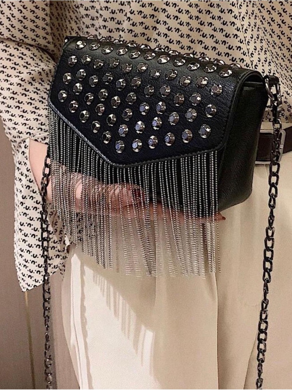 Black Studded Fringe Crossbody Bag